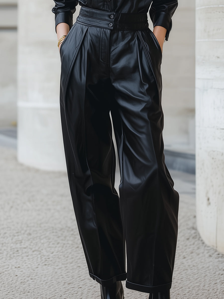 Faux Leather Single-Breasted Two-Piece Set