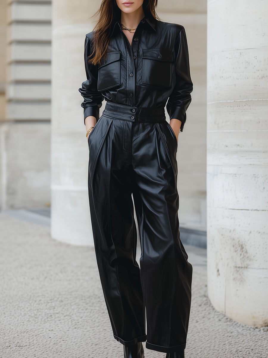 Faux Leather Single-Breasted Two-Piece Set