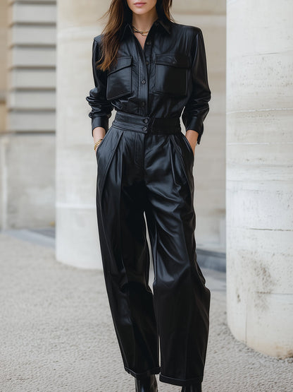 Faux Leather Single-Breasted Two-Piece Set